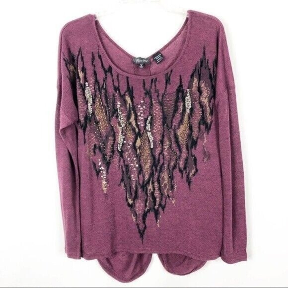 Miss Me Sequined Snake Print Long Sleeve Top Purple Blouse Size M - Picture 1 of 8
